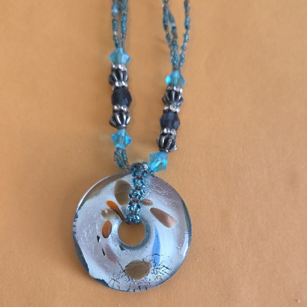 Turquoise Blue Glass and Black Stone Pendant Necklace